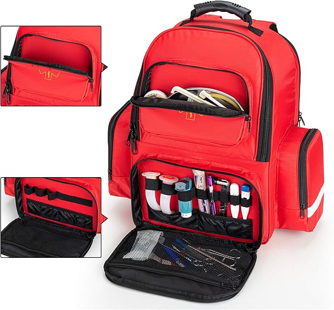 Trunab First Responder Bag Trauma Backpack Empty, Medical Emergency Kits Storage Jump Bag Pack for EMT, EMS, Police, Firefighters, Safety Officers - Patented Design Red