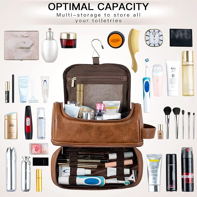 Elviros Toiletry Bag for Mens PU Leather Travel Organizer Kit with Hanging hook, Large Water-resistant Toiletries Bathroom Shaving Bags (Extra Large, Brown)