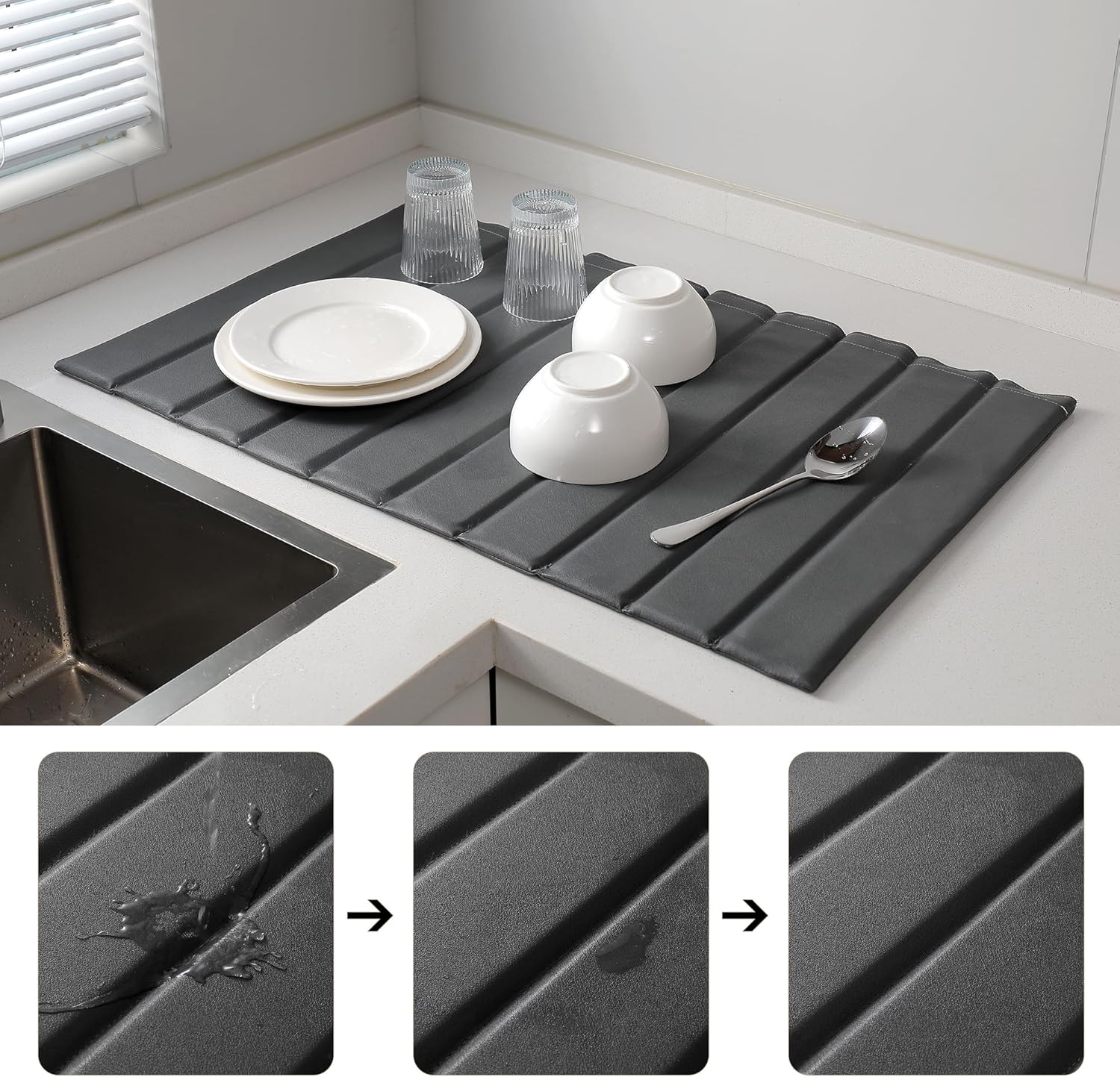 Stone Drying Mat for Kitchen Counter, Large Collapsible Diatomaceous Earth Supe Absorbent Quick Dry Stone Mat Kitchen，PU Leather Surface Removable and washable (Dark Gray, 23.6”x15.4”)