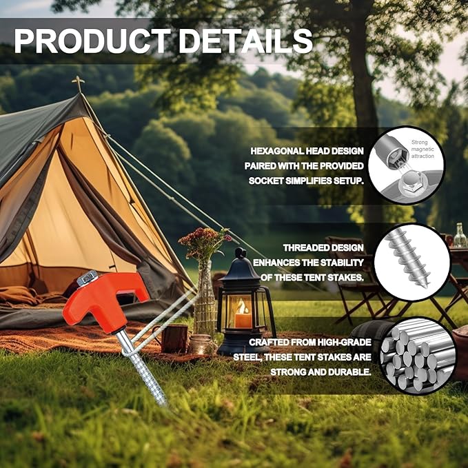 12 Pack Screw in Tent Stakes Heavy Duty,8 Inch Ground Anchors Screw in,Metal Stakes with Hex Head Driver,Camping Tent Accessories.(Orange)