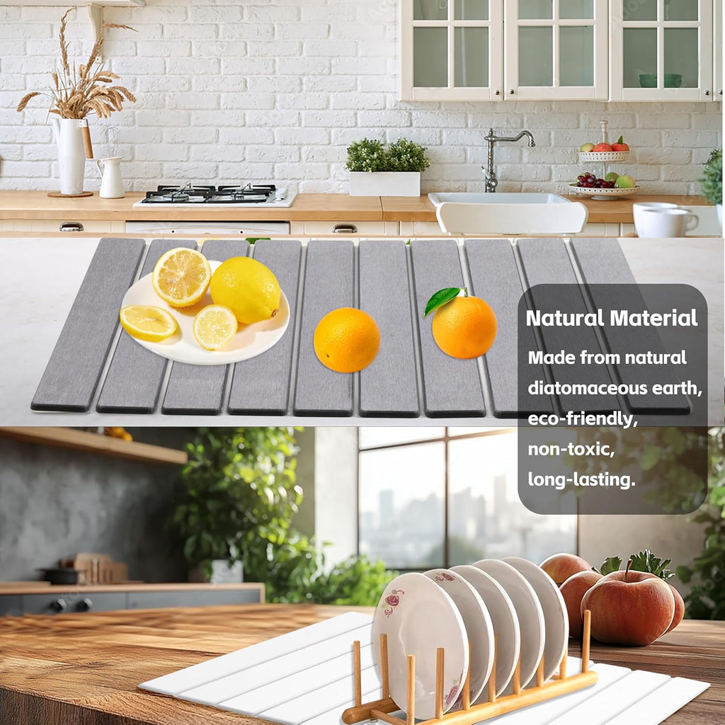 Quick Dry Collapsible Dish Drying Mat, Eco-Friendly Absorbent Diatomaceous Earth Mats for Dishes Bottles Cups 24"×16"Large Stone Dish Drying Mats for Kitchen Counter (White, 24"（L）×16"（W）)