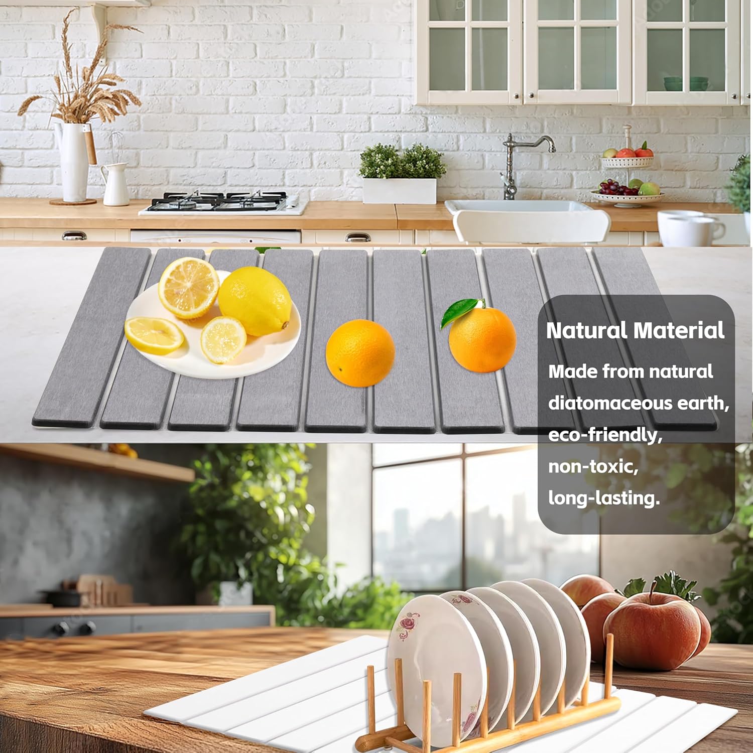 Quick Dry Collapsible Dish Drying Mat, Eco-Friendly Absorbent Diatomaceous Earth Mats for Dishes Bottles Cups 24"×16"Large Stone Dish Drying Mats for Kitchen Counter (White, 24"（L）×16"（W）)