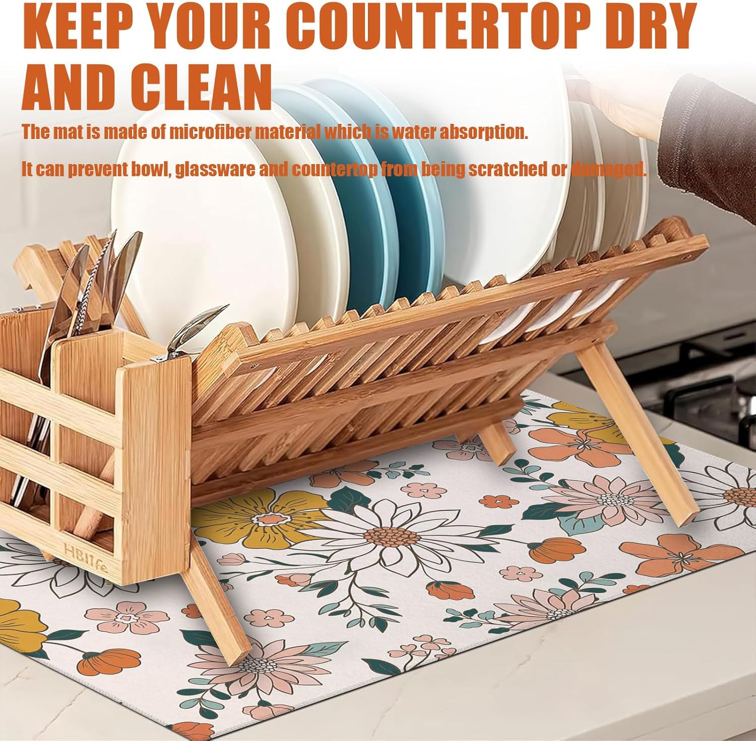 Boho Flower Dish Drying Mat for Kitchen Counter Microfiber Absorbent Dish Kitchen Drying Mat Draining Reusable Washable for Dishes/Utensils/Counterto