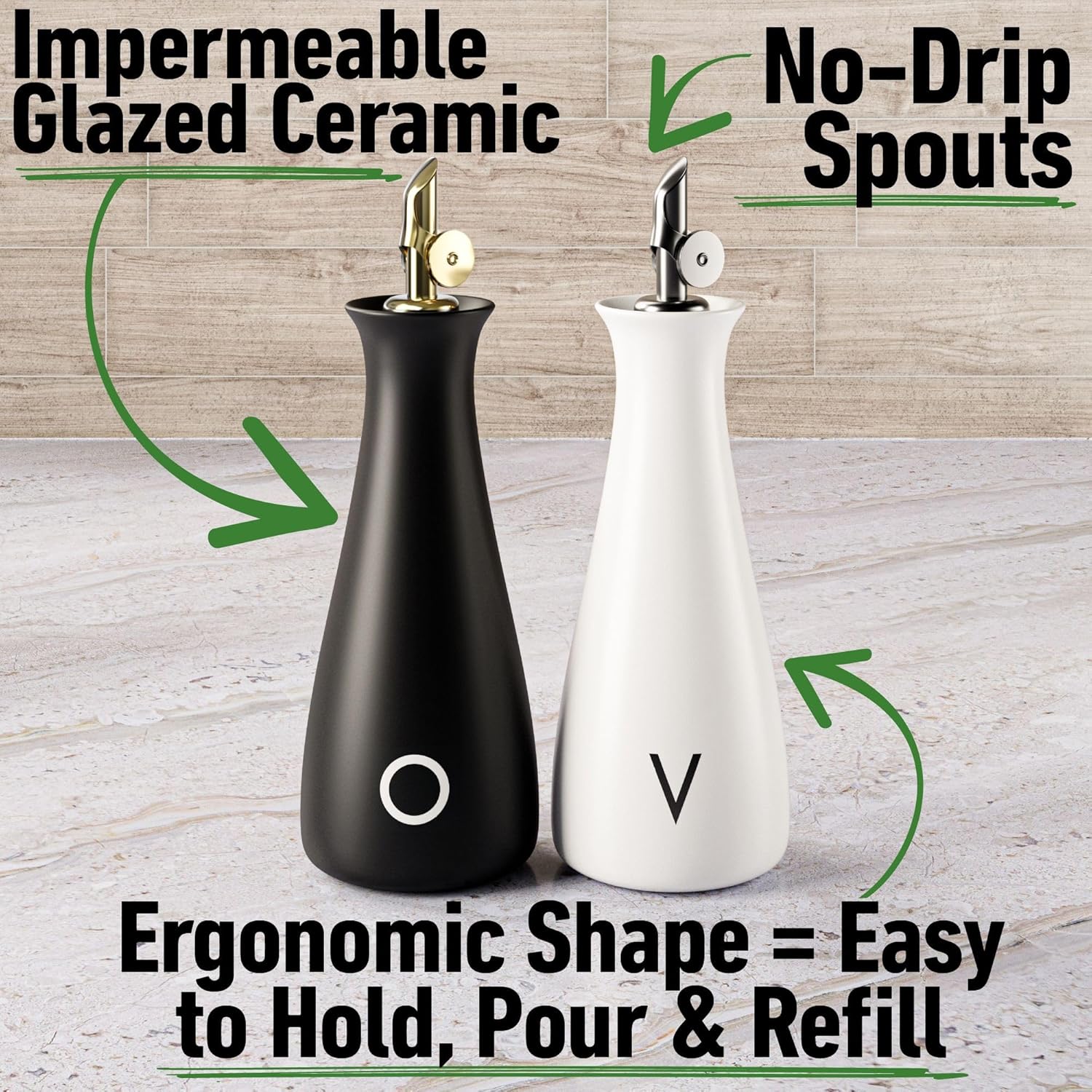 Oil and Vinegar Dispenser Set with Self-Closing Stainless Steel Spouts - 530 ML Capacity Matte Ceramic Leak Proof EVOO & Vinegar Dispensing Bottle Set of 2 - Olive Oil and Vinegar Dispenser Bottle Set
