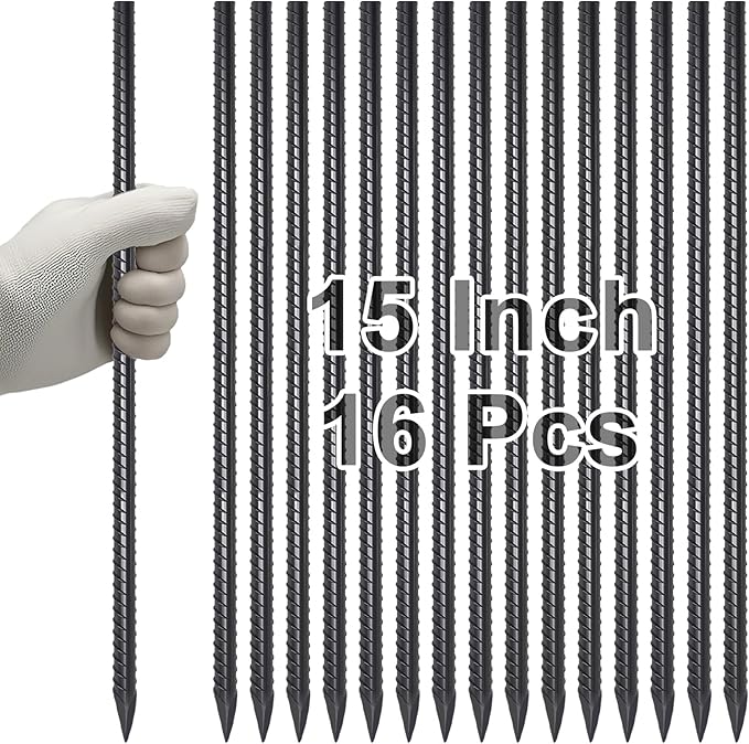 VVOKGO 15 Inch Rebar Stakes (16pcs) Ground Anchors Steel Plant Support Garden Stake Metal Straight Camping Spikes with Chisel Point End, Black