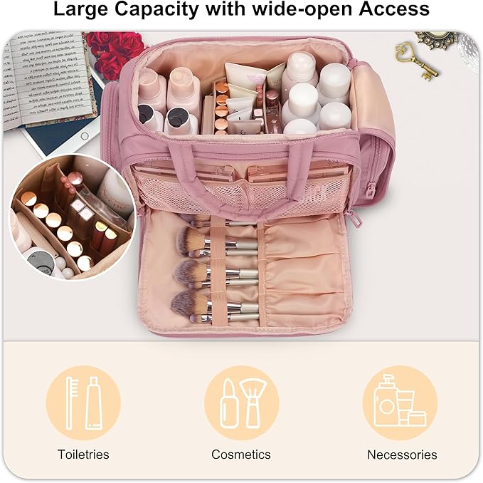 Travel Toiletry Bag for Women, Lightweight Wide-open Cosmetic Travel Bags for Toiletries with 2 Removable Dividers, Large Makeup Organizer with Brushes Board, Multi Pockets for Gym, Daily, Pink