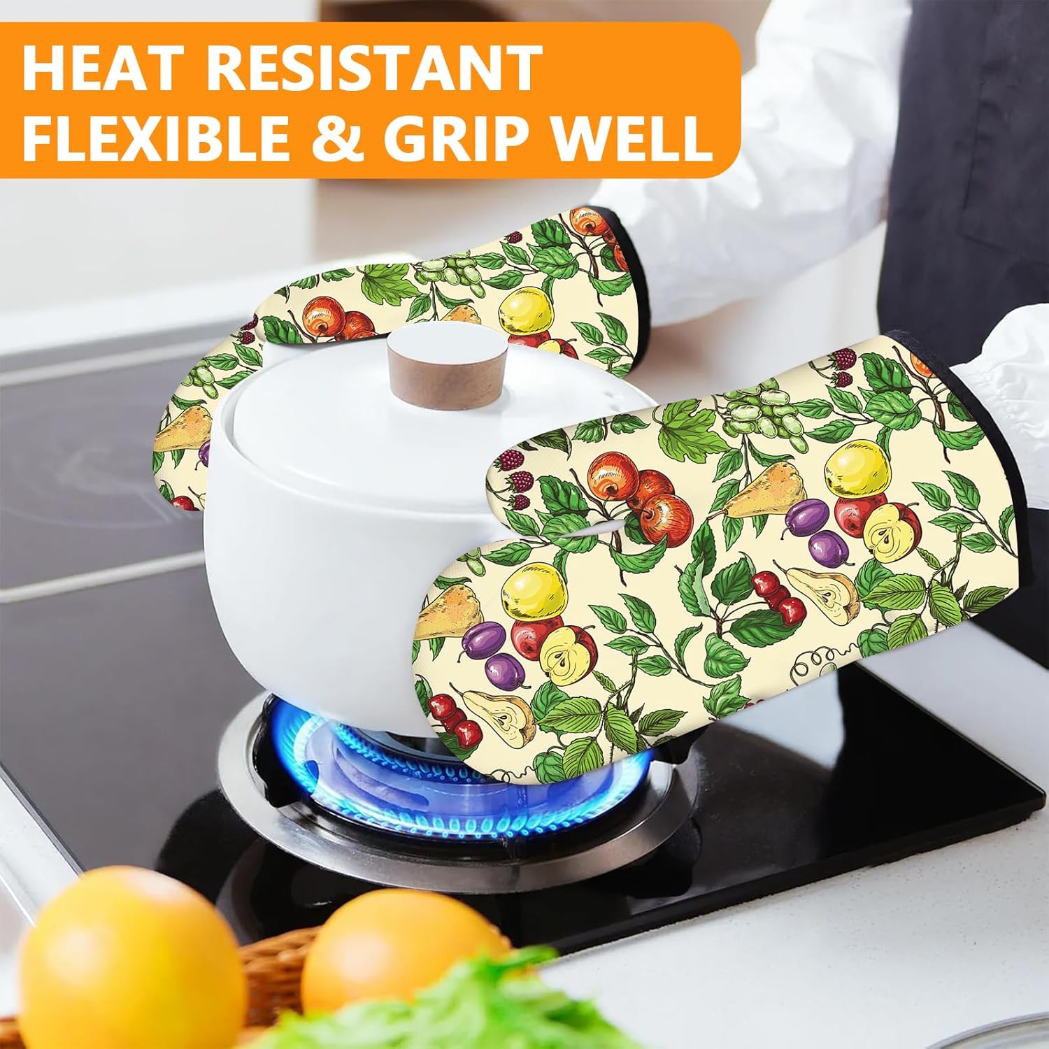 Fruit Oven Mitts and Pot Holders Sets 4Pcs,Extra Long Oven Gloves Potholder for Kitchen Cooking Baking BBQ 100% Cotton Heat Resistant