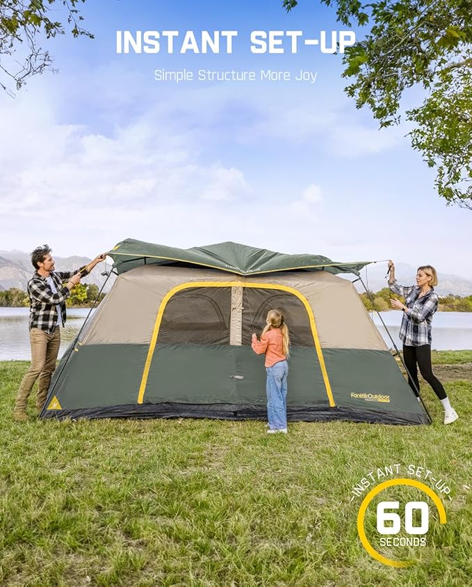 FanttikOutdoor Camping Tent 4/6/8/10 Person Instant Cabin Tent Setup in 60 Seconds with Rainfly & Windproof Portable with Carry Bag for Family Camping & Hiking, Upgraded Ventilation