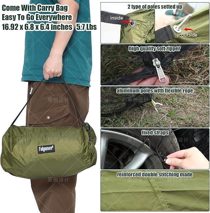 SUV Tailgate Tent - Car Awning with Mosquito Net, Ventilation & Airflow Design - 9.5FT X 6.5FT X 6.5FT (LxWxH) Army Green