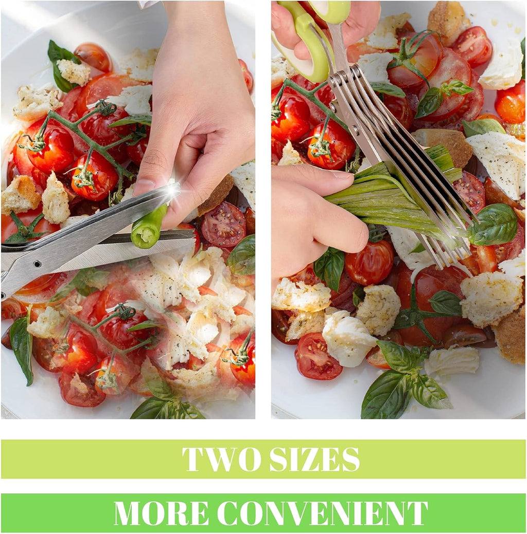 2-Pack Herb Scissors Set with 5 Blades & 3 Blades, Green Stainless Steel Kitchen Shears for Herbs, Veggies, Paper Shredding, with Cleaning Comb & Cover