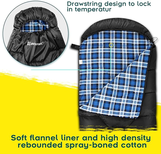 Bessport Sleeping Bag Winter | Flannel Lined 18℉ - 32℉ Extreme 3-4 Season Warm & Cool Weather Adult Sleeping Bags Large | Lightweight, Waterproof for Camping, Backpacking, Hiking