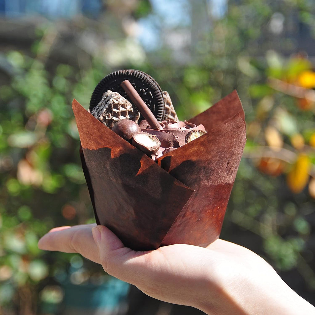 Jumbo Extra Large size Brown Tulip Baking Cups 2-1/4"(Base diameter) x 3-3/4"(Wall height) Greaseproof paper baking cupcake Muffin liners, Case of 130 pcs