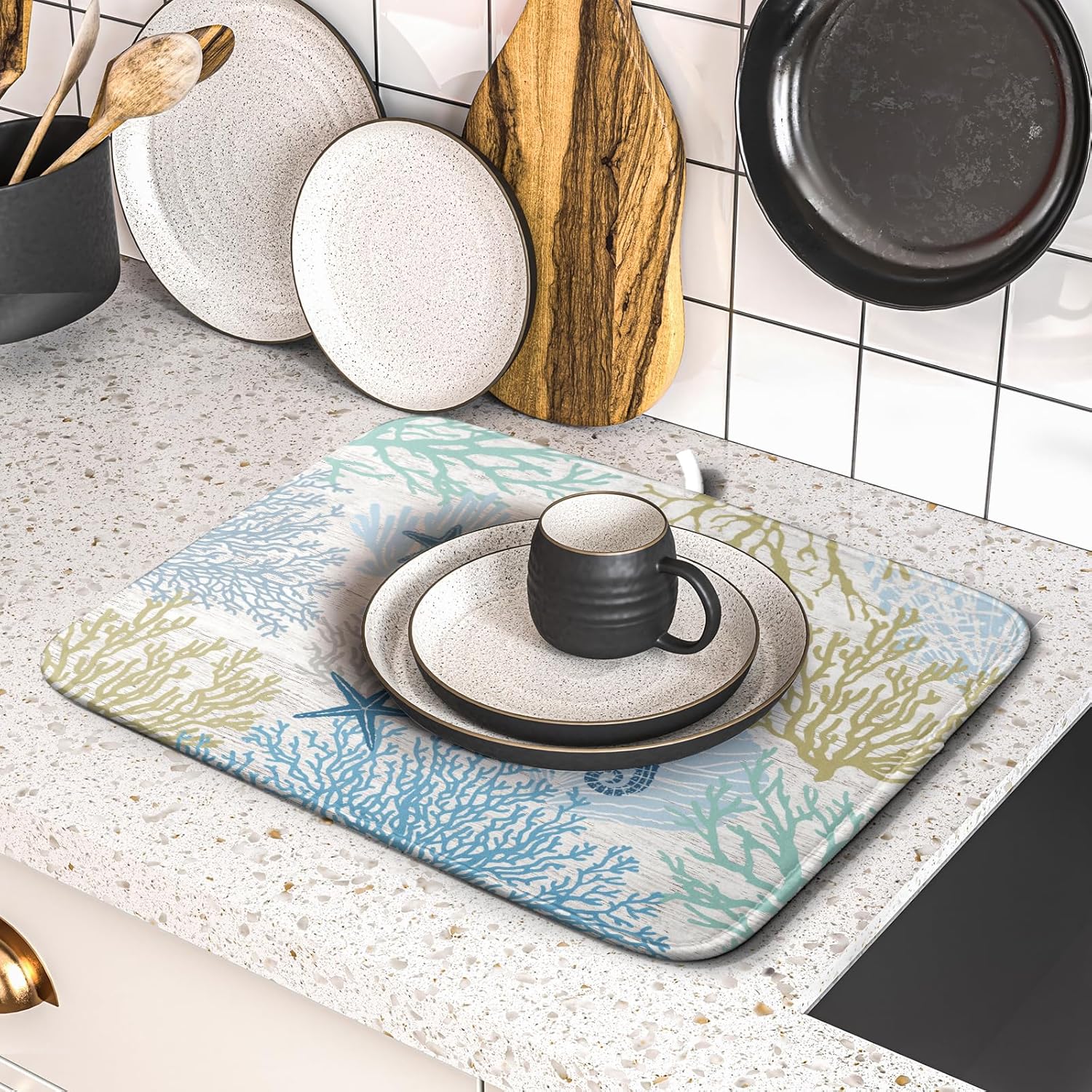 Blue Coral Dish Drying Mat Coastal Starfish Dishes Pad Hanging Drainer Mats Reversible Absorbent Kitchen Counter Protector 16x18 Inch