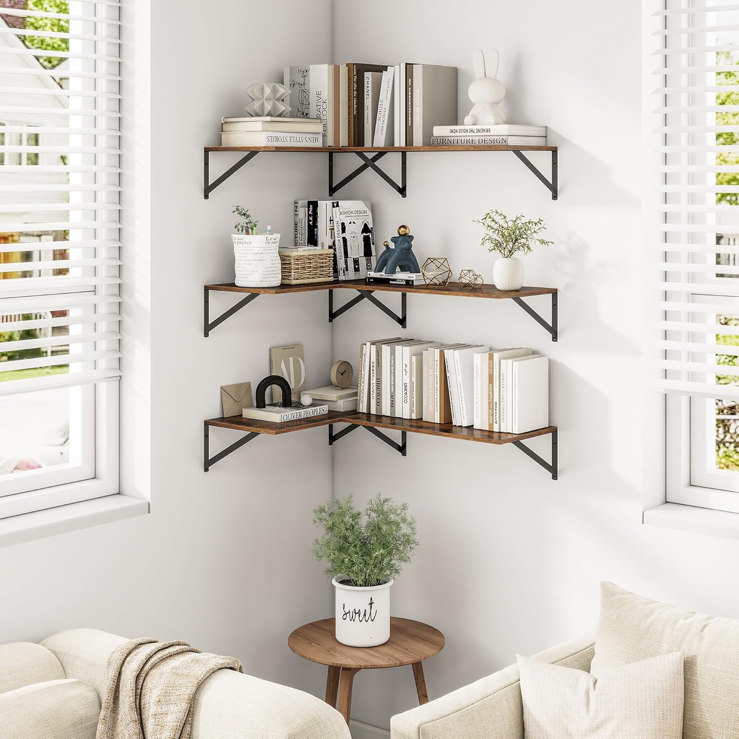 Heimlove 24" W x 12" D Wall Shelves for Books, 12 Inch Deep Floating Shelves Set of 3, Wide Floating Bookshelf with Metal Bracket for Living Room, Kitchen, Office, Bedroom and Decor - Rustic Brown