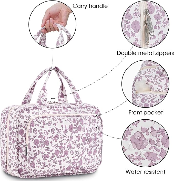 Travel Toiletry Bag for Women Large Hanging Makeup Bag Organizer Toiletries Bag for Full Size Essentials Accessories Cosmetics (Little Dusty Pink Flower (Large))