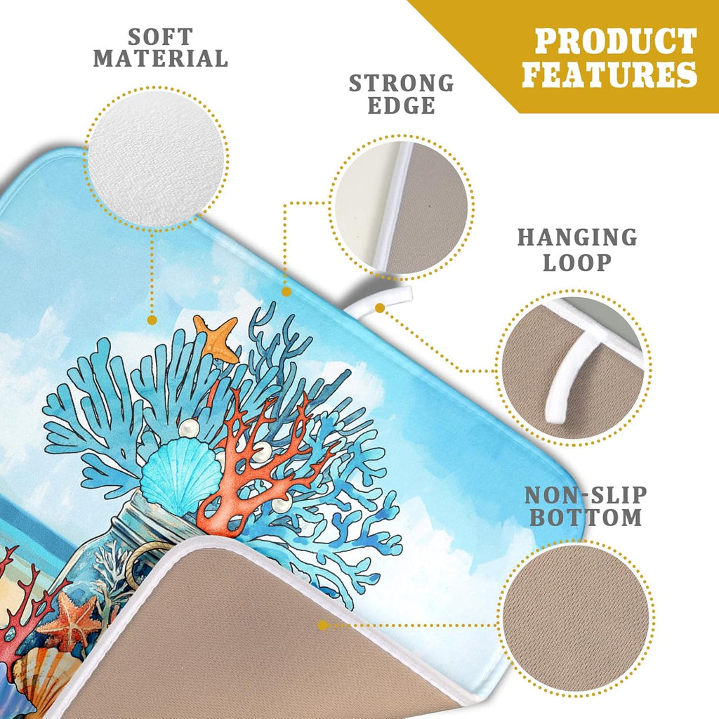 Coastal Coral Dish Drying Mat 16x18 inch Starfish Shell Fast Dry Microfiber Dish Rack Mats Drainer Pad for Countertop Kitchen Table Decor