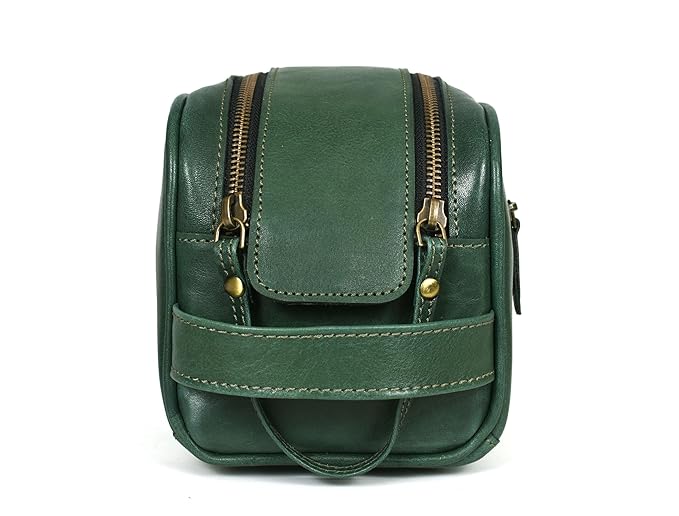 10" Premium Leather Toiletry Travel Pouch With Waterproof Lining | King-Size Handcrafted Vintage Dopp - Kit ~ Gift for Father's Day By Aaron Leather Goods (Basil Green)