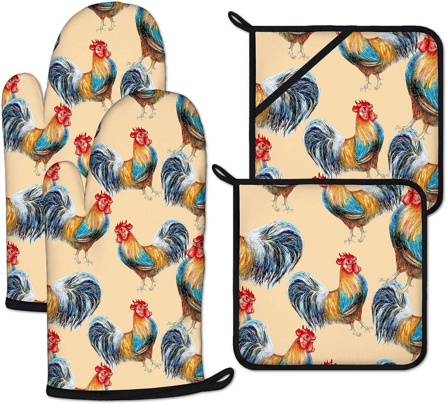 Watercolor Rooster Oven Mitts and Pot Holders Sets Heat Resistant 4Pcs Potholders Oven Gloves Hot Pads for Kitchen Baking Cooking Grilling BBQ