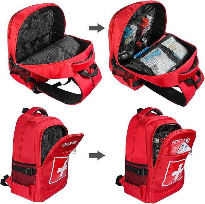 First Aid Backpack with Multi-Pocket, Emergency Medical Backpack, Large Capacity & Water-proof, Empty First Aid Bag for Home Office EMT Paramedics, Red