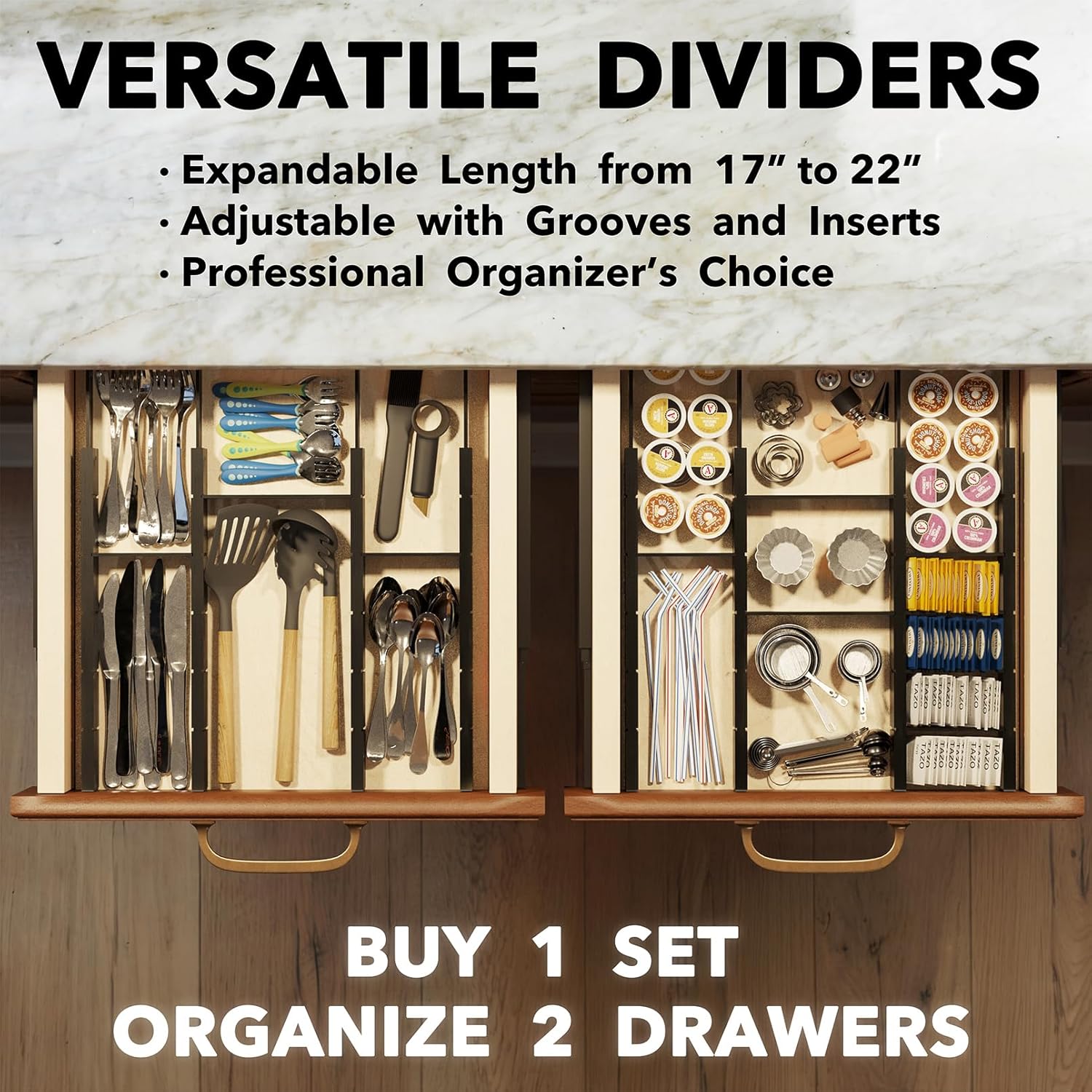 SpaceAid Bamboo Drawer Dividers with Inserts and Labels, Kitchen Adjustable Drawer Organizers, Expandable Organization for Home, Office, Dressers, 10 Dividers with 24 Inserts (17"-22" Black)