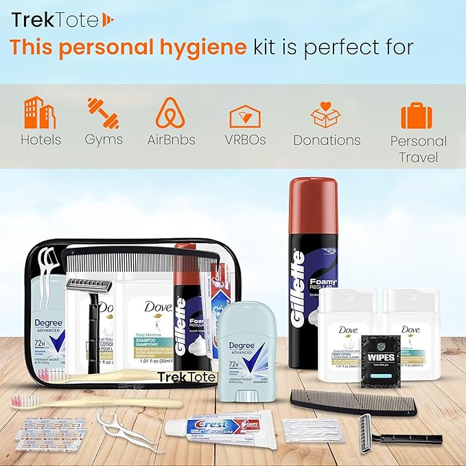 Trektote Travel Toiletry Kit For Men – 15 Piece Set of Travel Size Toiletries, TSA Compliant, Includes Dove Shampoo And Conditioner, Gillette Shave Cream, Reusable Toiletry Bag & More