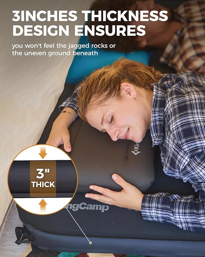 KingCamp Double Sleeping Pad, 2 Person Queen R 7.1/7.9 Self Inflating Sleeping Pad, 3" Ultra Thick Full Size Foam Mattress Mat for Outdoor Camping Tent Car, PVC Free (Grey)