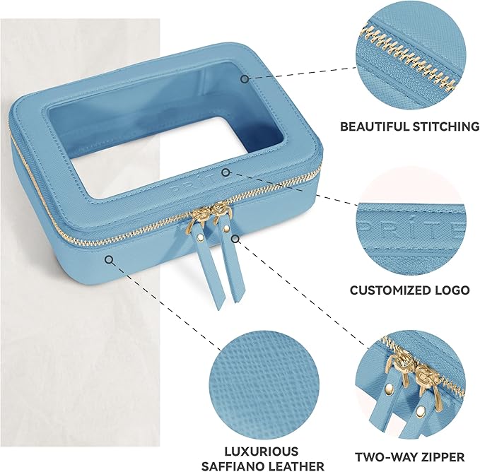 Prite Clear Makeup Bag Cosmetic Organizer Case Waterproof Travel Toiletry Bag Skincare Pouch with Golden Zipper(Blue)