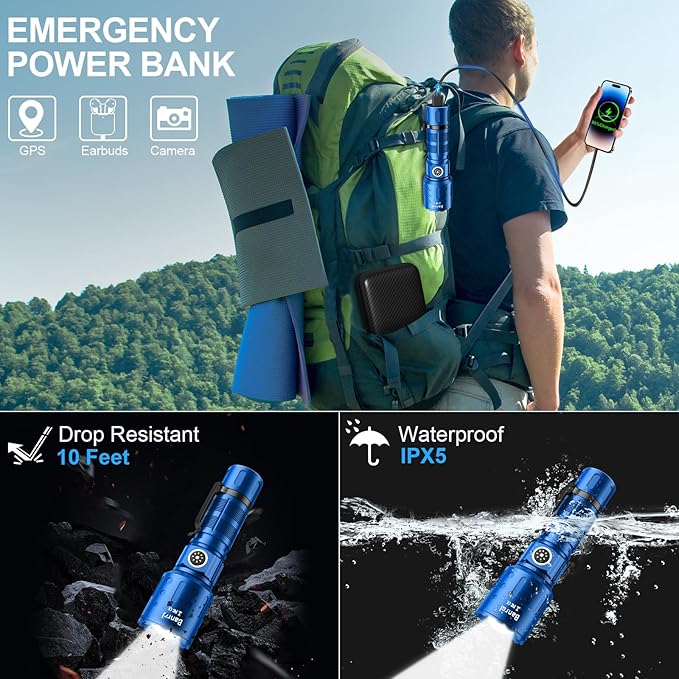 Flashlights High Lumens Rechargeable, 20,000 Lumens Super Bright 1500 Meters Long Range Small Powerful Flashlight, 6 Modes LED Tactical Pocket Waterproof Flash Light for Home Emergency (2, Blue)