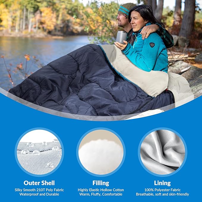 Double Sleeping Bag with 2 Pillows for Adults, Queen Size XL Sleeping Bag Waterproof, Compact with Compression Sack, 2 Person Sleeping Bags for 3-4 Seasons Camping, Backpacking, Hiking, Travel