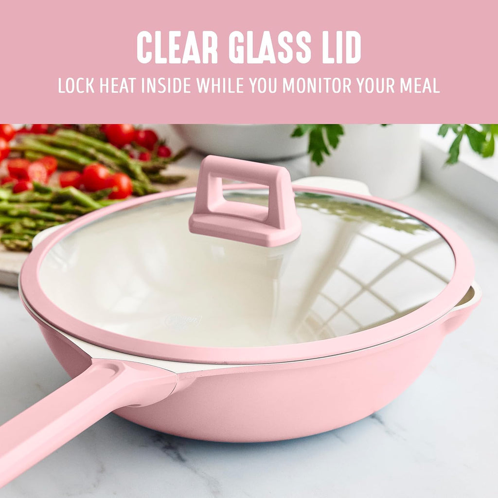 GreenLife Nonstick 12” (5QT) All in One Deep Skillet Wok with Lid, PFAS-Free Non-Toxic Ceramic Multi-Purpose Pan, Induction, All Stovetop, Egg, Stir Fry, Saute, Stay Cool Handle, Pink
