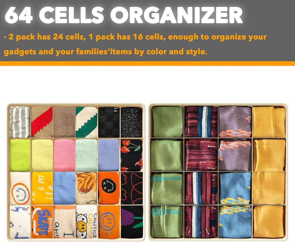 SpaceAid Sock Drawer Organizer Divider 3 Pack, 64 Cell Dresser Closet Nursery Underwear Organizers Storage Bins for Organizing Socks Underwear Ties Belts (Beige)