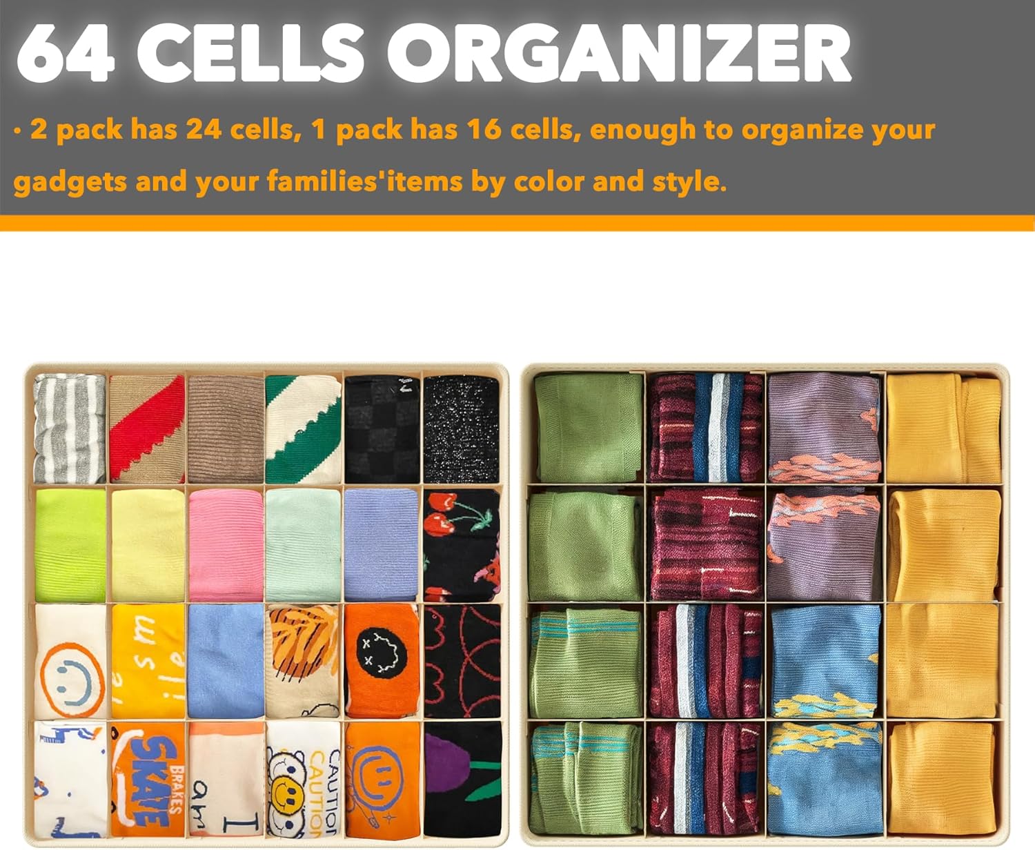 SpaceAid Sock Drawer Organizer Divider 3 Pack, 64 Cell Dresser Closet Nursery Underwear Organizers Storage Bins for Organizing Socks Underwear Ties Belts (Beige)