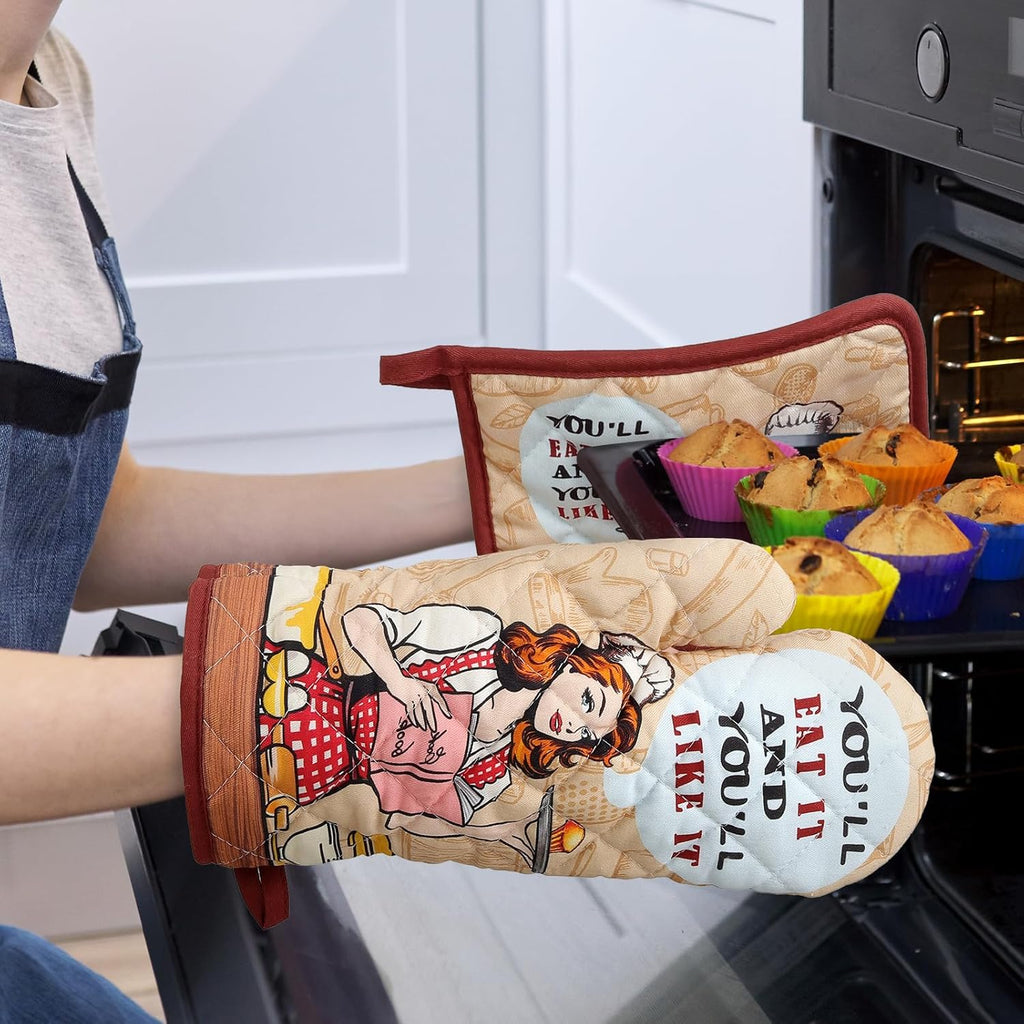 Retro Housewife Oven Mitts and Pot Holders Sets 2Pcs, 100% Cotton Heat Resistant, Extra Long Oven Gloves Potholder for Kitchen Cooking Baking Decoration