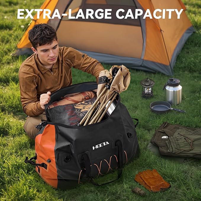 HEETA Waterproof Duffel Bag Motorcycle Dry Bag Backpack, Extra Large Rolltop Travel Duffle Bags with Straps & Handles for Kayaking Rafting Boating Canoeing Camping Gym Beach (Black, 80L)