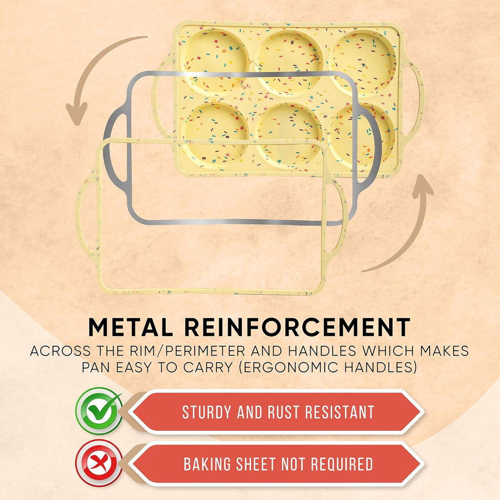 Jumbo Top Silicone Muffin Pans for Baking- 2 PACK Silicone Jumbo Muffin Pan 6 Cup -Baking Cupcake Pans, Make Perfect Muffin Top Pans Non Stick, Drop Cookies or Whoopie Pie Shells - CONFETTI