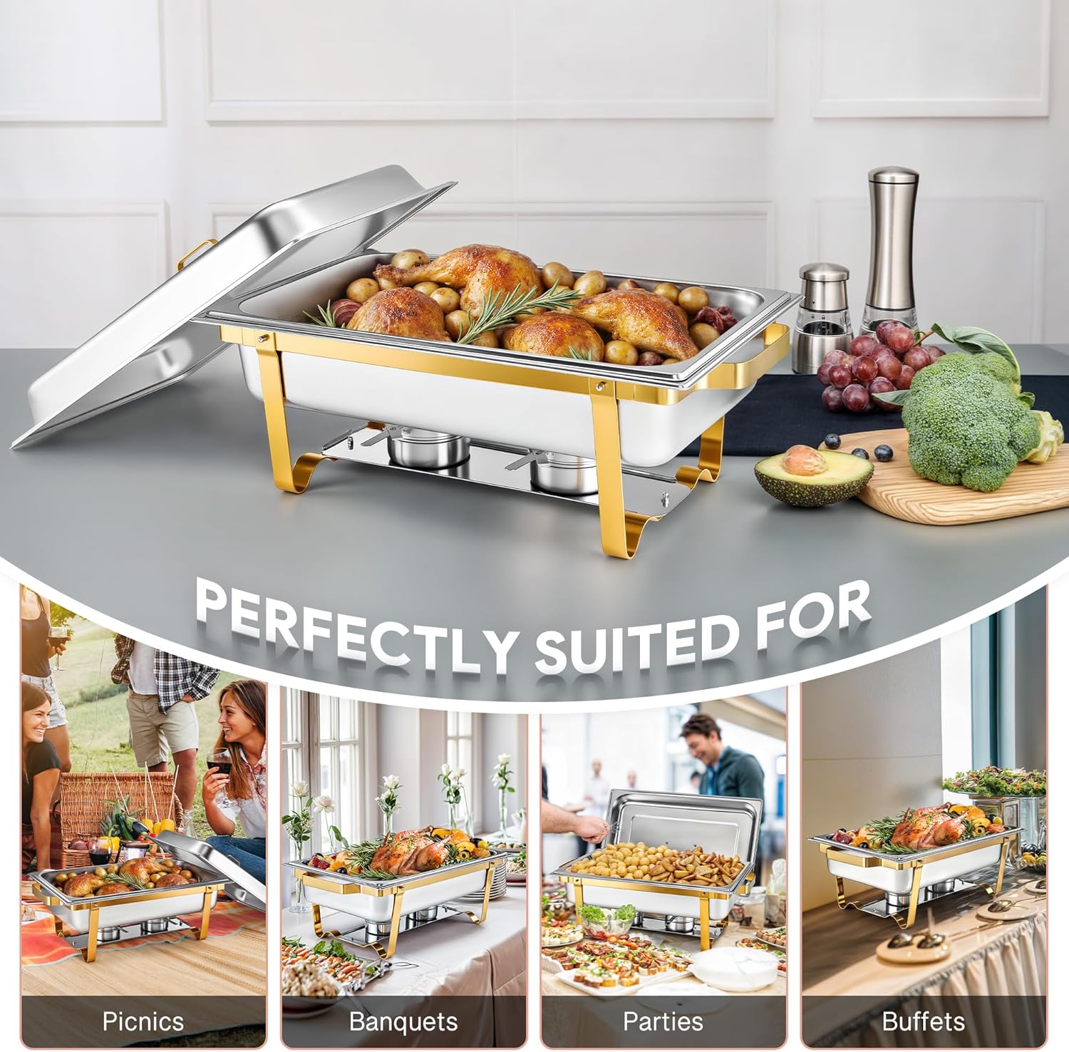 WILPREP Chafing Dish for Buffet, 9 qt Chafer and Buffet Warmer Set with Full Size Food Pan & Foldable Frame, Food Grade Stainless Steel Food Warmer for Parties Buffets Banquets Dinners, Gold & Silver