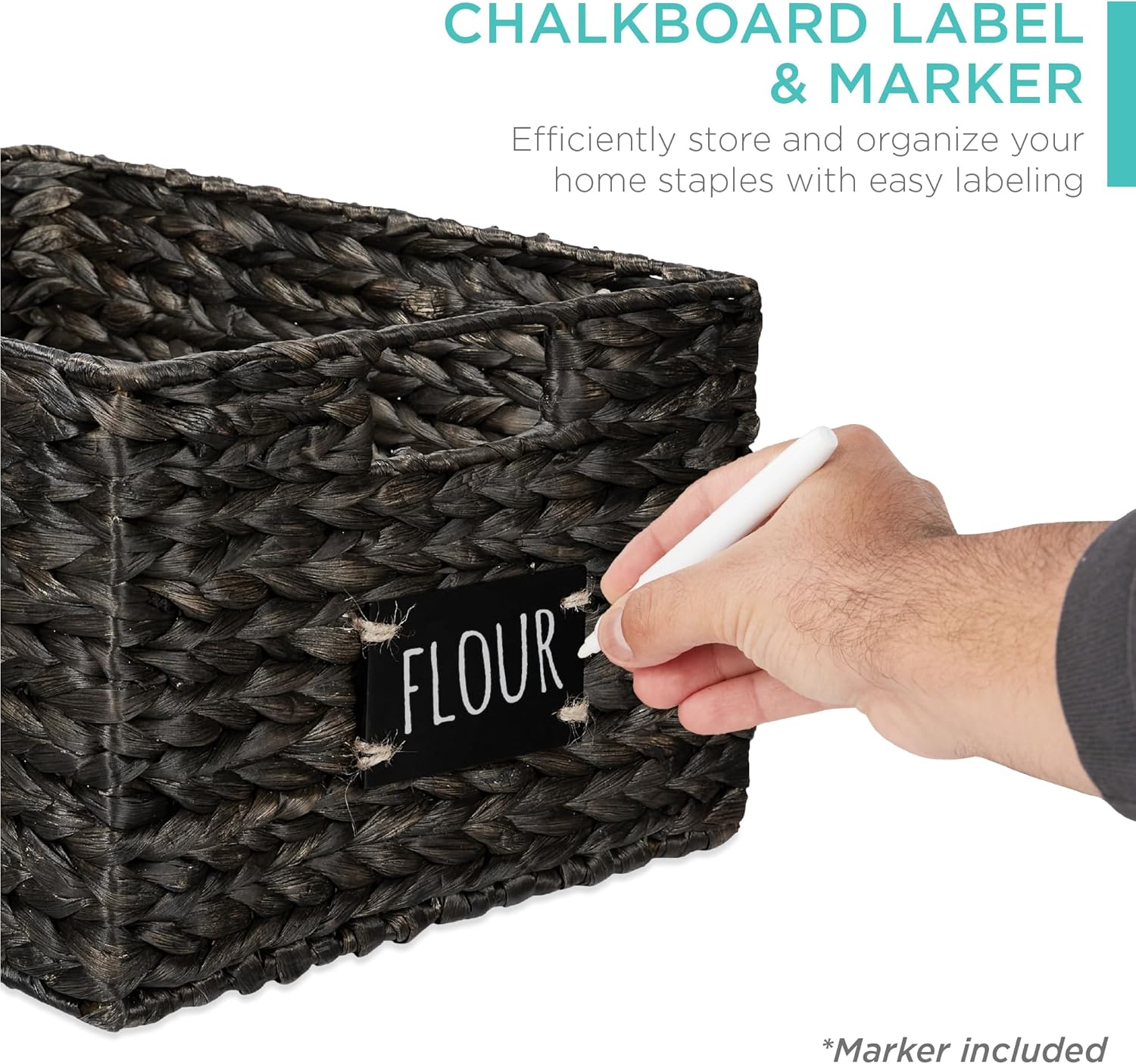 Best Choice Products Pantry Baskets Set of 2 16x12in Water Hyacinth Storage Baskets, Woven Wicker Organizers with handles w/Chalkboard Label Chalk Marker - Black