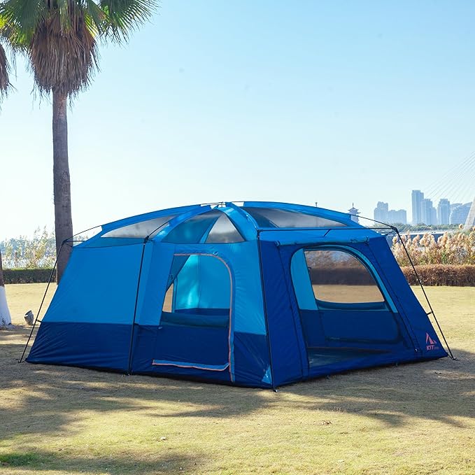 KTT Extra Large Tent 10-12-14 Person(B),Family Cabin Tents,2 Rooms,3 Doors and 3 Windows with Mesh,Straight Wall,Waterproof,Double Layer,Big Tent for Outdoor,Picnic,Camping,Family Gathering