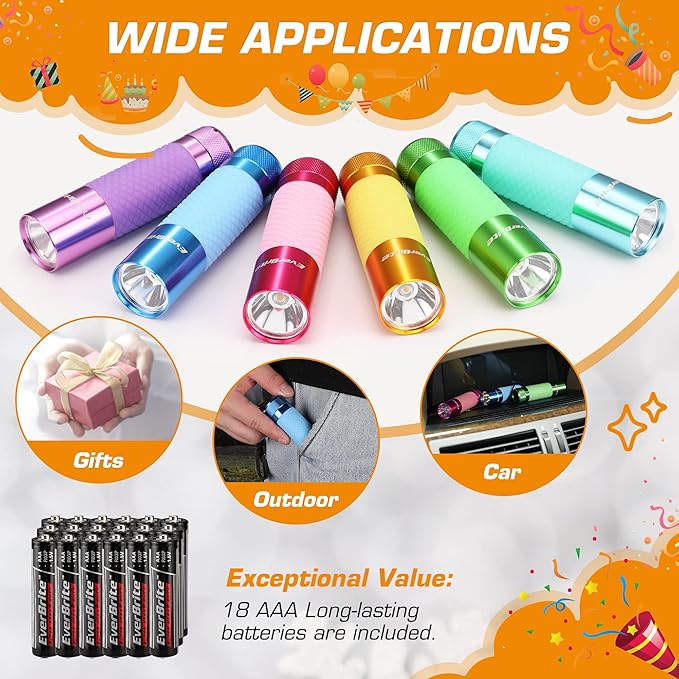EverBrite 6-Pack Mini Flashlights, Glow in Dark Flashlights, Aluminum LED Flashlights Party Favors Assorted Colors for Camping, Hiking, Indoor, 18XAAA Batteries Included