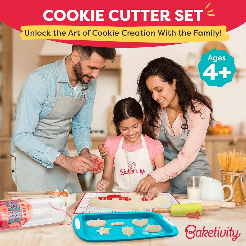 Baketivity Cookie Cutter Set for Kids, 24 Assorted Cookie Cutters of Basic Shapes, Seasonal, and Holiday Themes - with Rolling Pin, Silicone Baking Pan, and Non-Stick Baking Mat - BPA-Free - Ages 4+