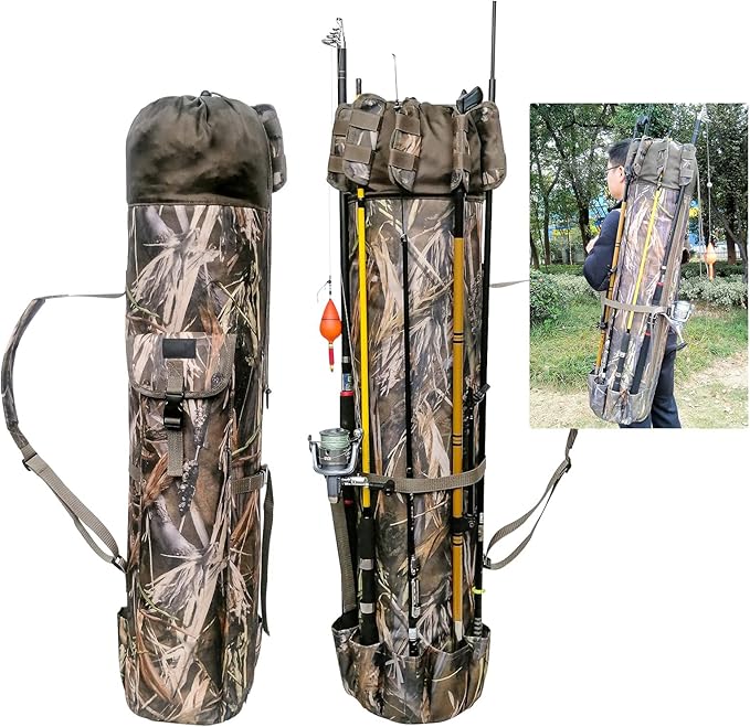 DONQL Fishing Rod Bags - Multifunction Outdoor Camping Portable Canvas Backpack Case for 5 Poles & Tackles (Camouflage)