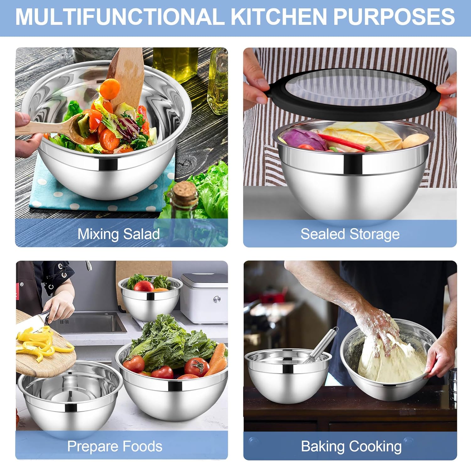 LIANYU Stainless Steel Mixing Bowls Sets of 6, Large Metal Nesting Bowl Sets for Home Kitchen, 7, 3.5, 2.5, 2, 1.5, 1QT Size with Transparent Airtight Lids, Dishwasher & Freezer Safe, Black