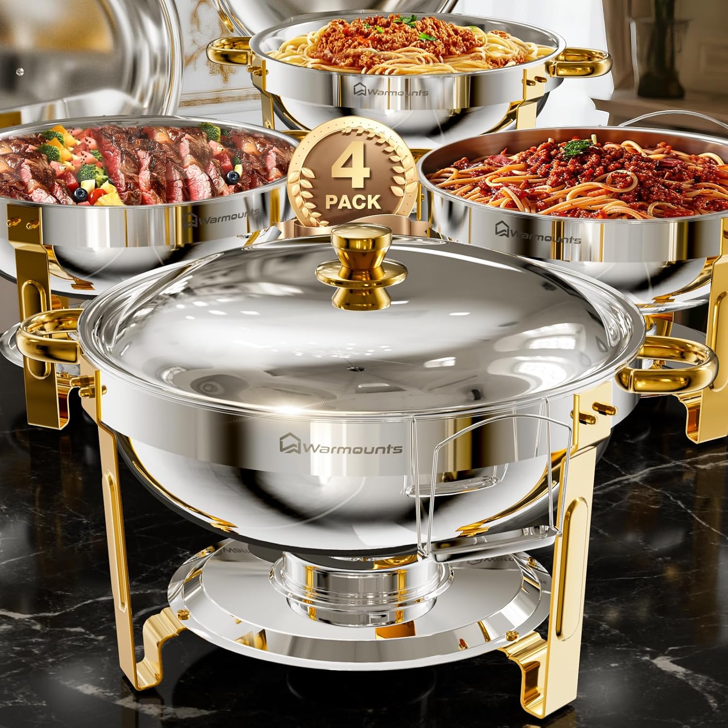 Gold Chafing Dishes for Buffet (5QT, 4 Pack), Round Chafers and Buffet Warmers Sets, Food Grade Stainless Steel Chafing Dish Set, Rolled Edge Design, for Catering Events, Parties, Weddings