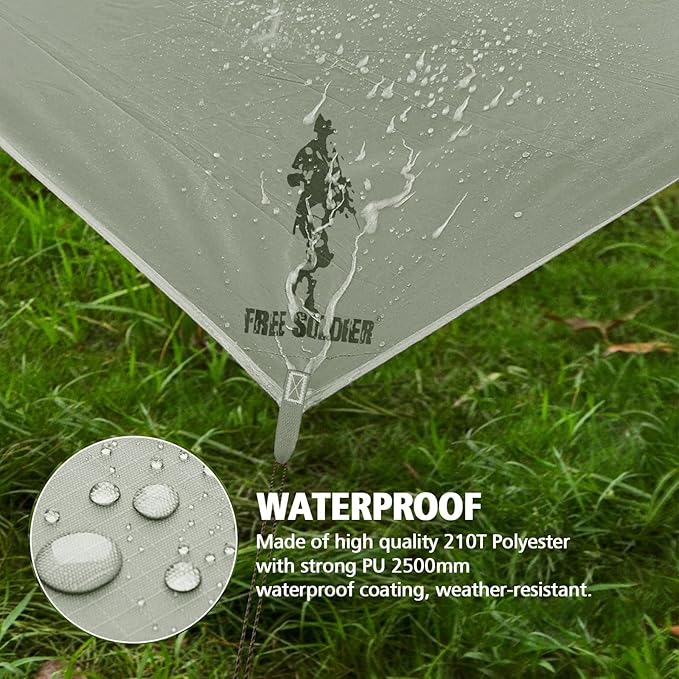 FREE SOLDIER Camping Tarp Waterproof Portable Multifunctional Outdoor Traveling Awning Backpacking Shelter Rain Tarp (Bean Green 10×10.5ft)