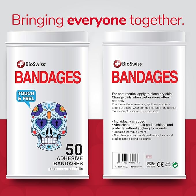 BioSwiss Bandages, Skulls Shaped Self Adhesive Bandage, Latex Free Sterile Wound Care, Fun First Aid Kit Supplies for Kids, 50 Count
