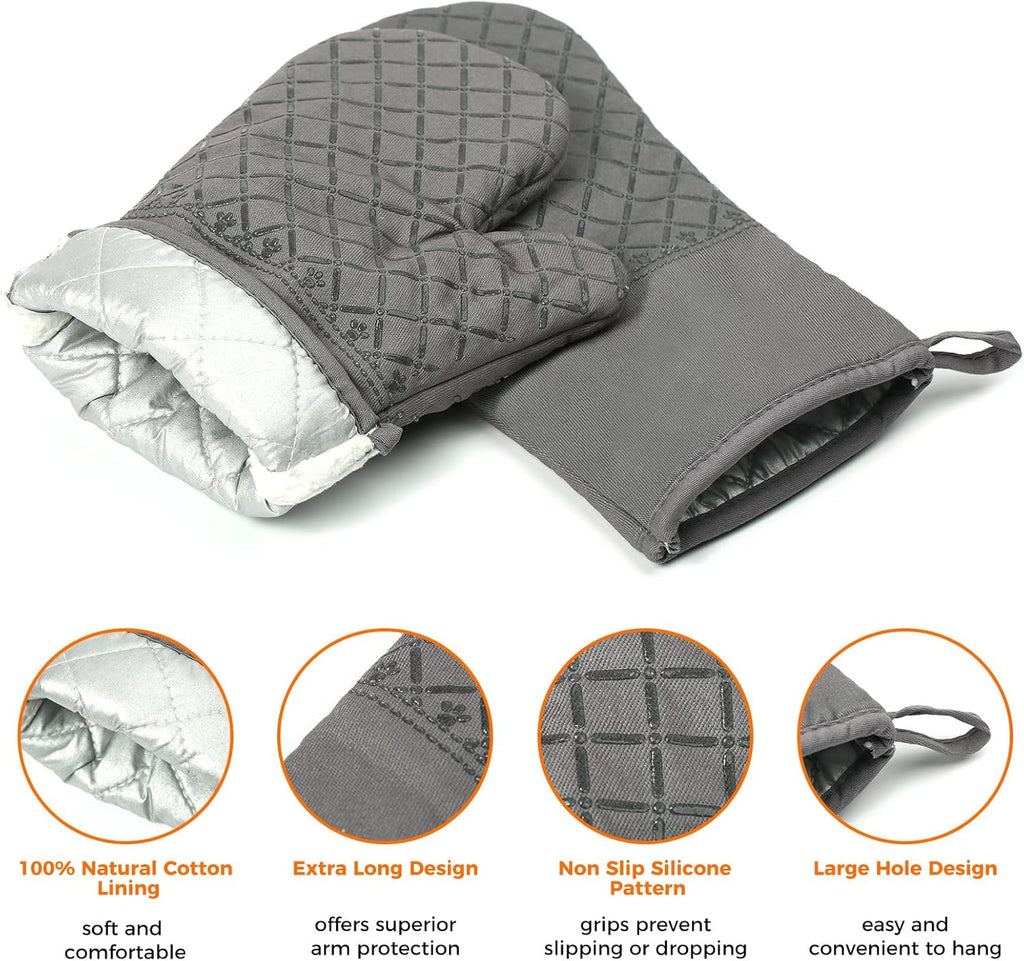 2 Pcs Oven Mitts Heat Resistant for Kitchen, Kitchen Oven Gloves, Long Oven Mitts and Pot Holder with Non-Slip Silicone Stripe Soft Cotton Lining, Silicone Oven Mitts for Cooking Baking BBQ Dark Grey