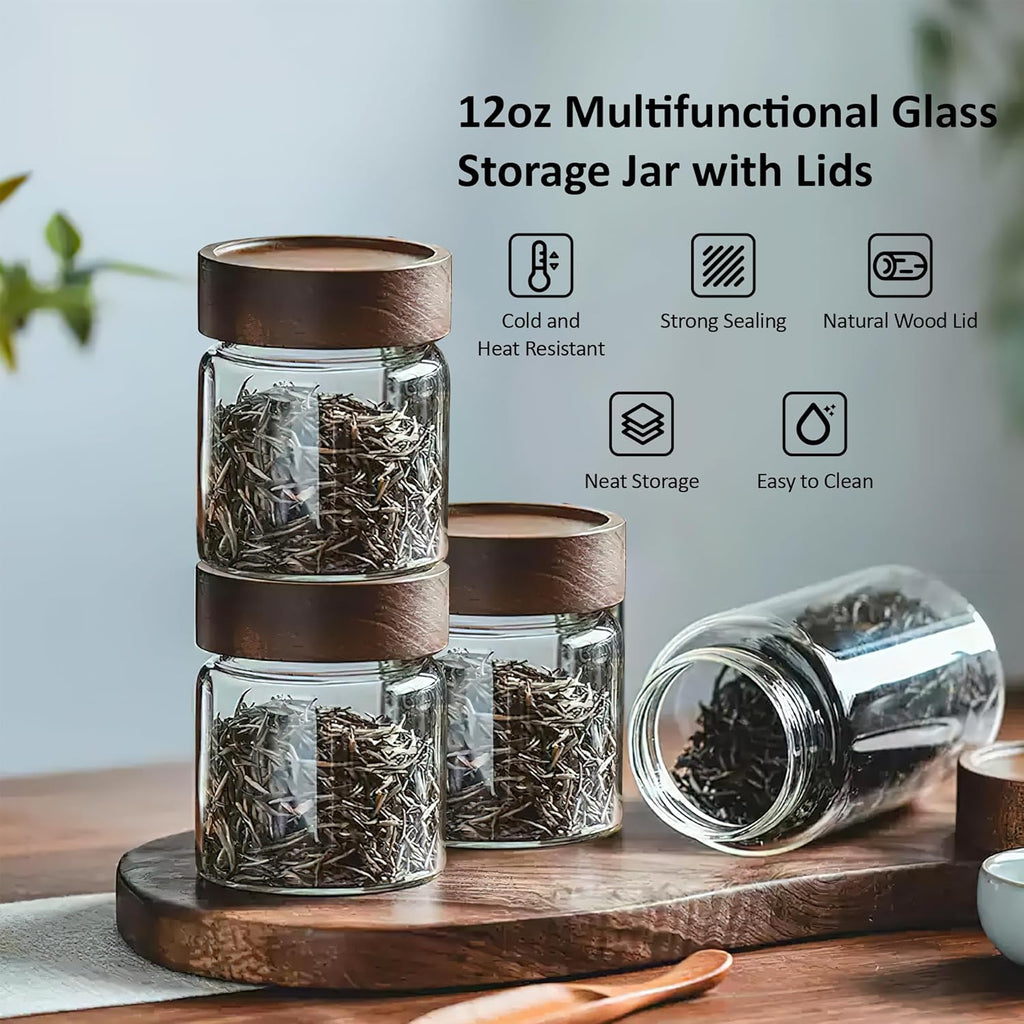 18 oz/550 ml Clear Glass Storage Canister with Airtight Wooden Lid, 4 Pack Small Overnight Oats Containers, Cute Decorative Salad Jar for Snacks Yogurt Spice Sugar Cereal Fruit Coffee Tea