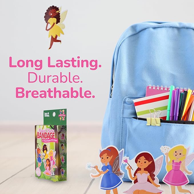 BioSwiss Bandages, Magical Fairies Shaped Self Adhesive Bandage, Latex Free Sterile Wound Care, Fun First Aid Kit Supplies for Kids and Adults, 24 Count