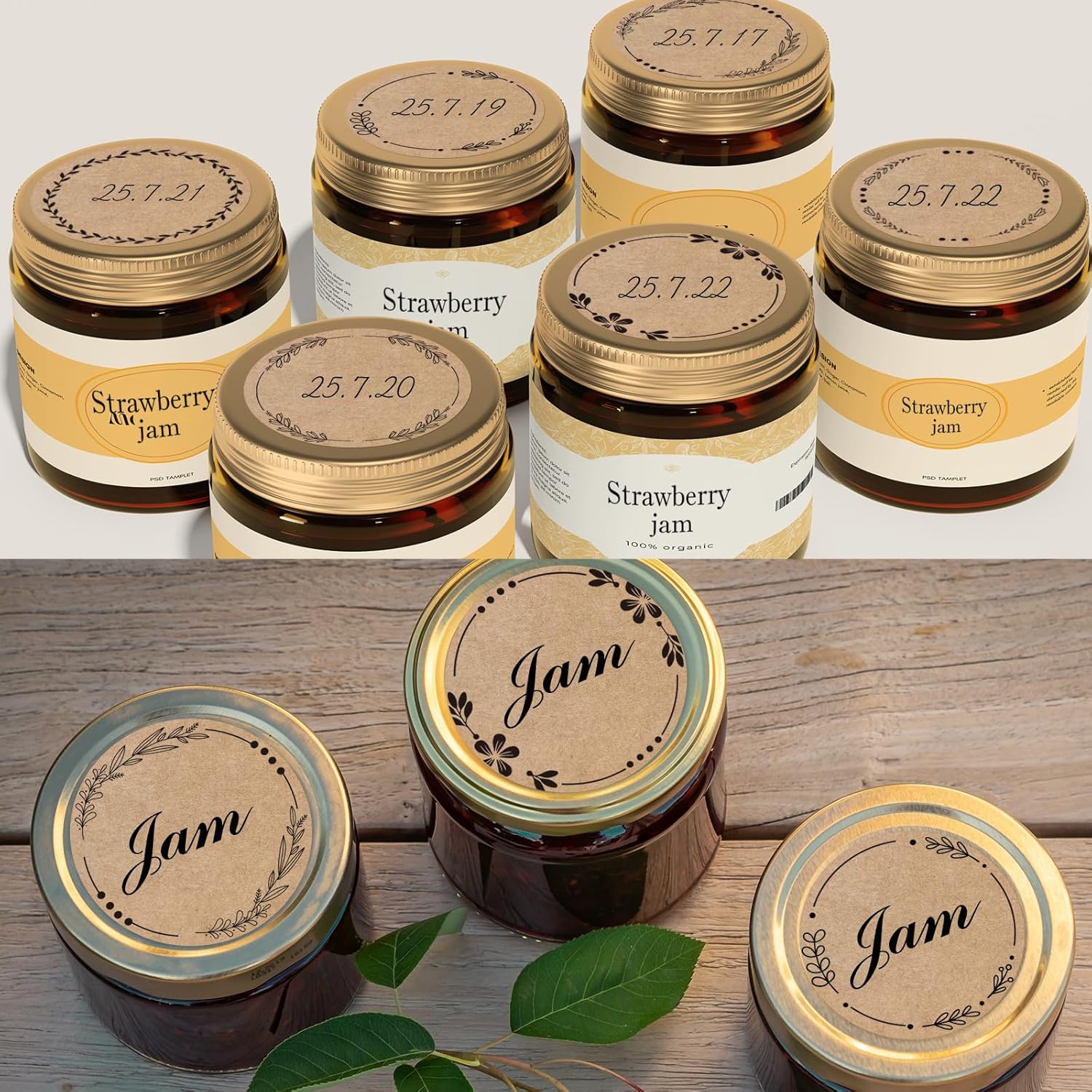 2" Brown Label Stickers for Jars and Lids, Kraft Sticker Labels for Pantry, Mason Jars, Canning, Bottles, 6 Different Drawn Wreath Designs, Kraft Paper/ 500pcs