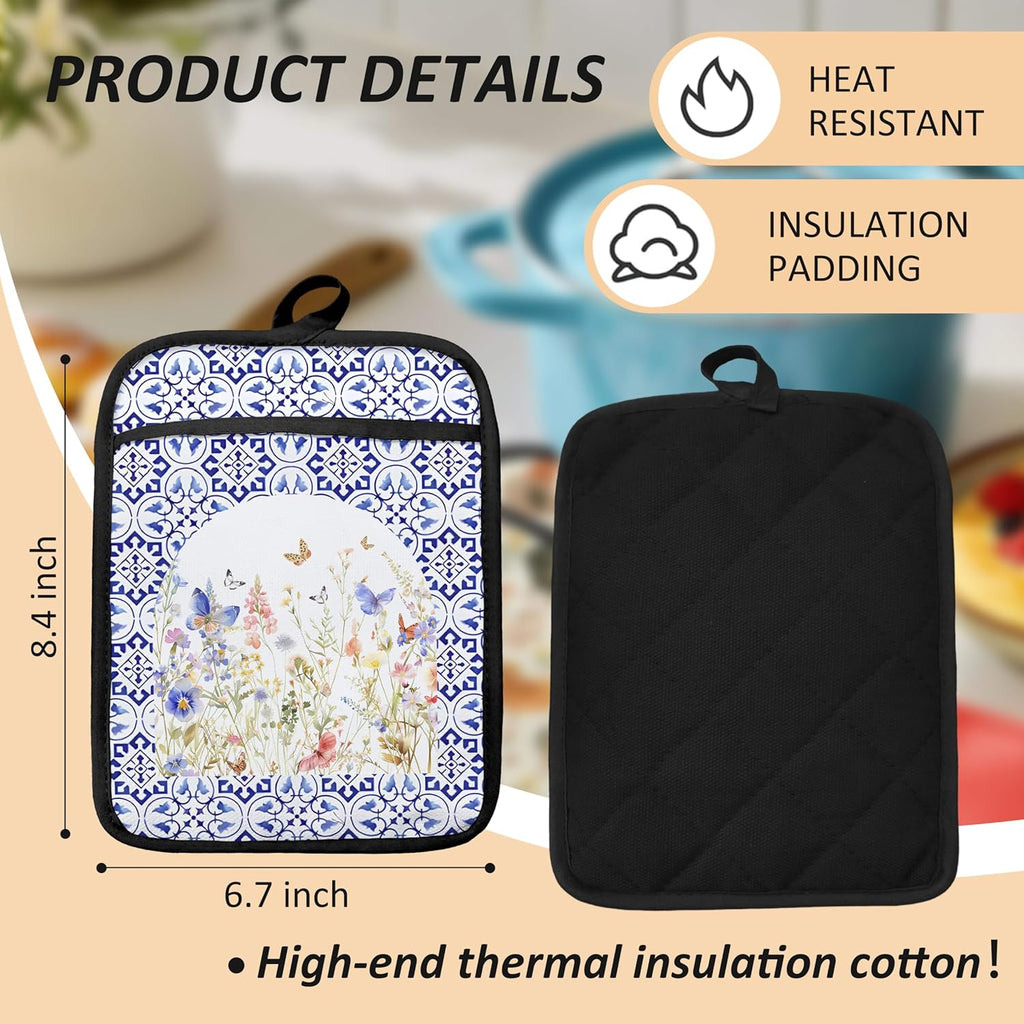 Colorful Wildflowers Floral Oven Mitts Set, Blue and White Heat Resistant Kitchen Oven Gloves for Baking and Cooking,Pot Holders